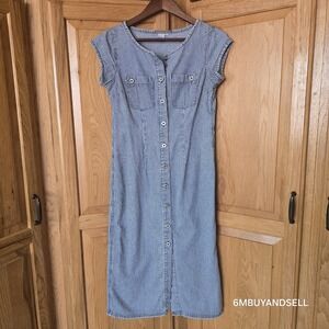 Isabella Bird Blue White Stripe Cotton Button Midi Dress Petite 4P Cap Sleeve